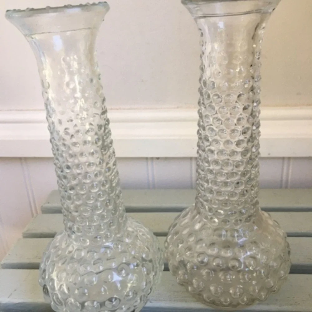 Vintage E.O. Brody Clear Glass Hobnail Vases Set of Two 7.75” H